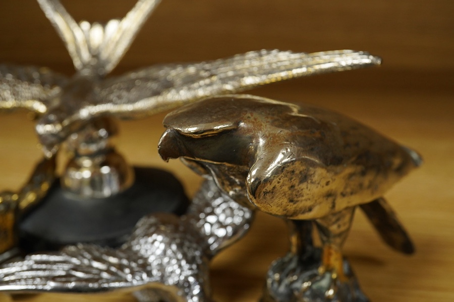 Five chrome plated bird themed car mascots, including three swallows, a partridge and an eagle. Condition - fair.